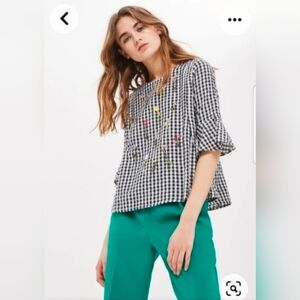 Topshop Women's Top Wild Flowers Embroidered Gingham Flared Sleeves Sz 8